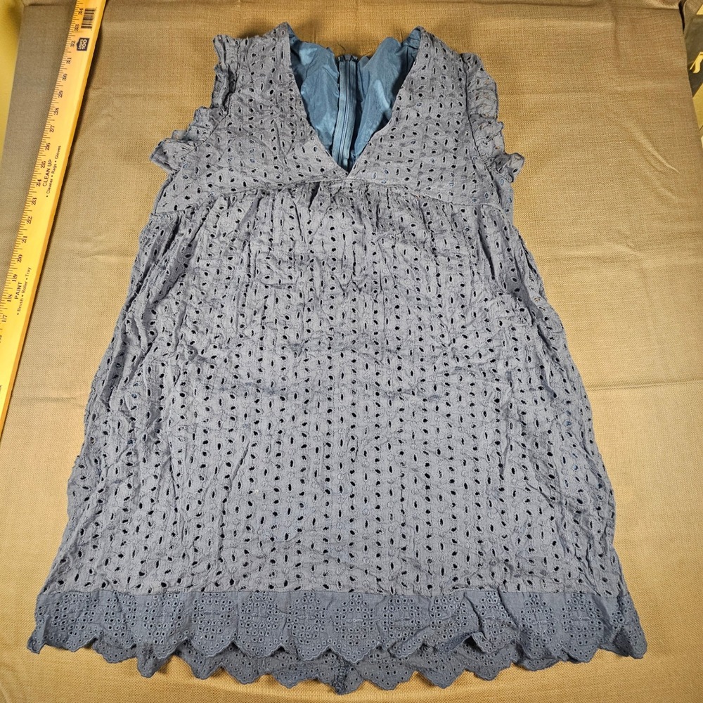 Womens Dusty Blue Eyelet Lace Babydoll cover-up Ruffle V-Neck Scalloped Hem Mini